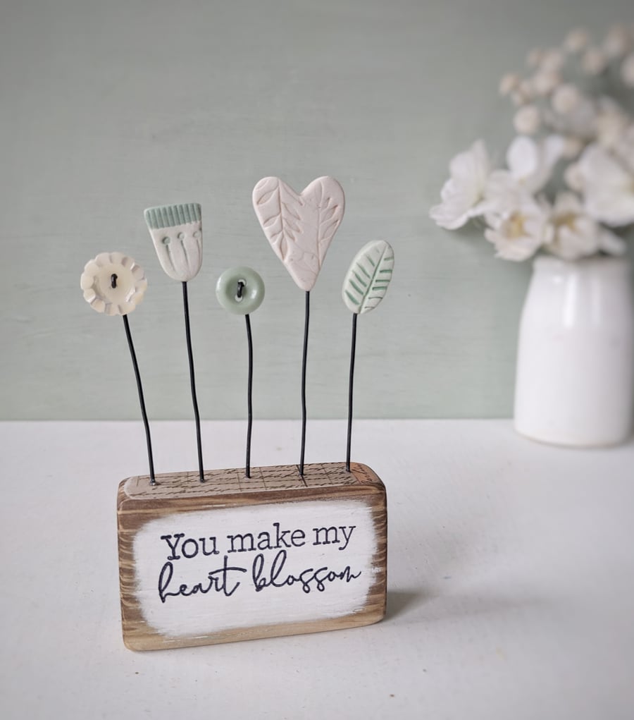 Heart and Button Flowers in a Painted Wood Block 'You make my heart blossom''