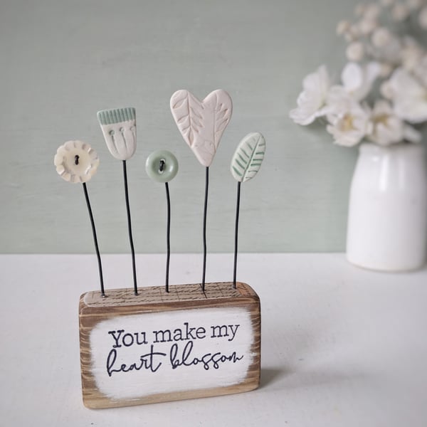 Heart and Button Flowers in a Painted Wood Block 'You make my heart blossom''