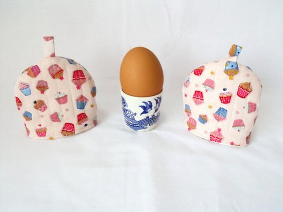 pair of pink cup cakes print quilted egg cup cozies, easter gift
