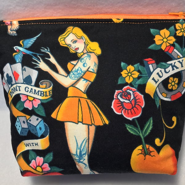 Alexander Henry Tattoo Fabric Make Up Bag with Waterproof Lining