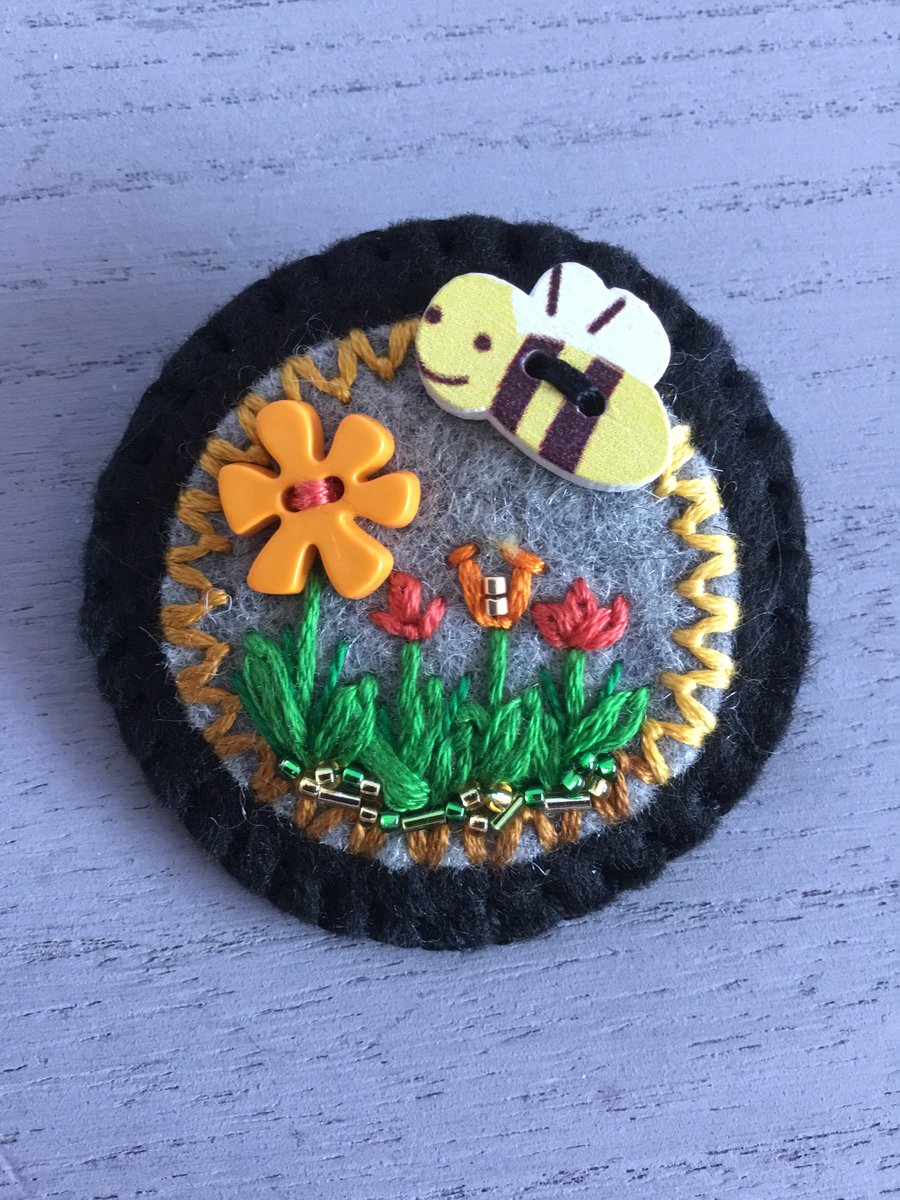 Hand Embroidered Bee Brooch 
