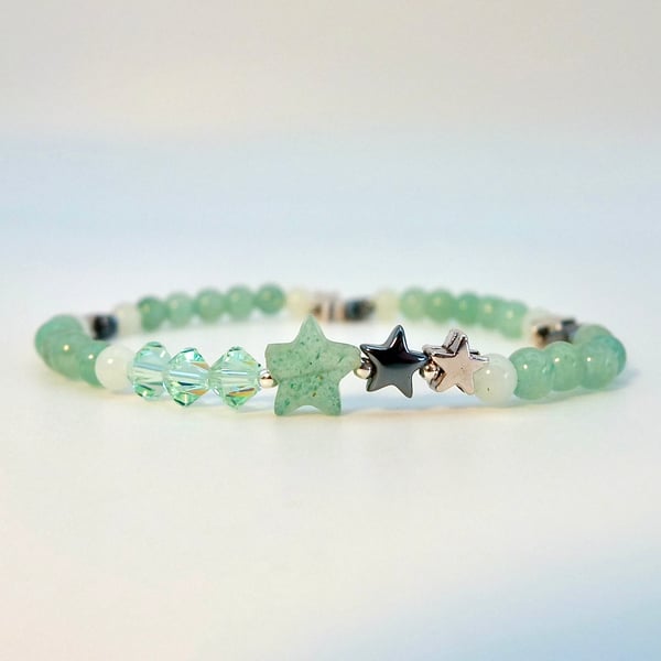 Green Aventurine Bracelet With Stars & Swarovski Crystals, Sparkly Gifts For Her