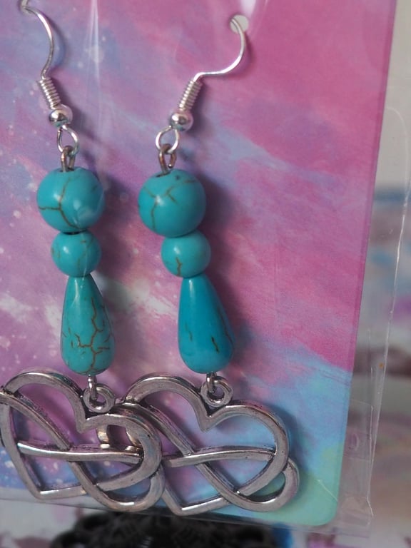 Turquoise Beaded Dangle Earrings with Heart Charms