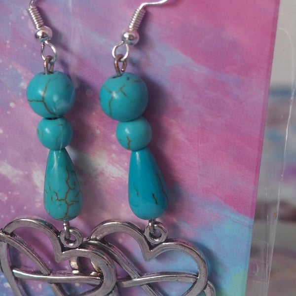 Turquoise Beaded Dangle Earrings with Heart Charms