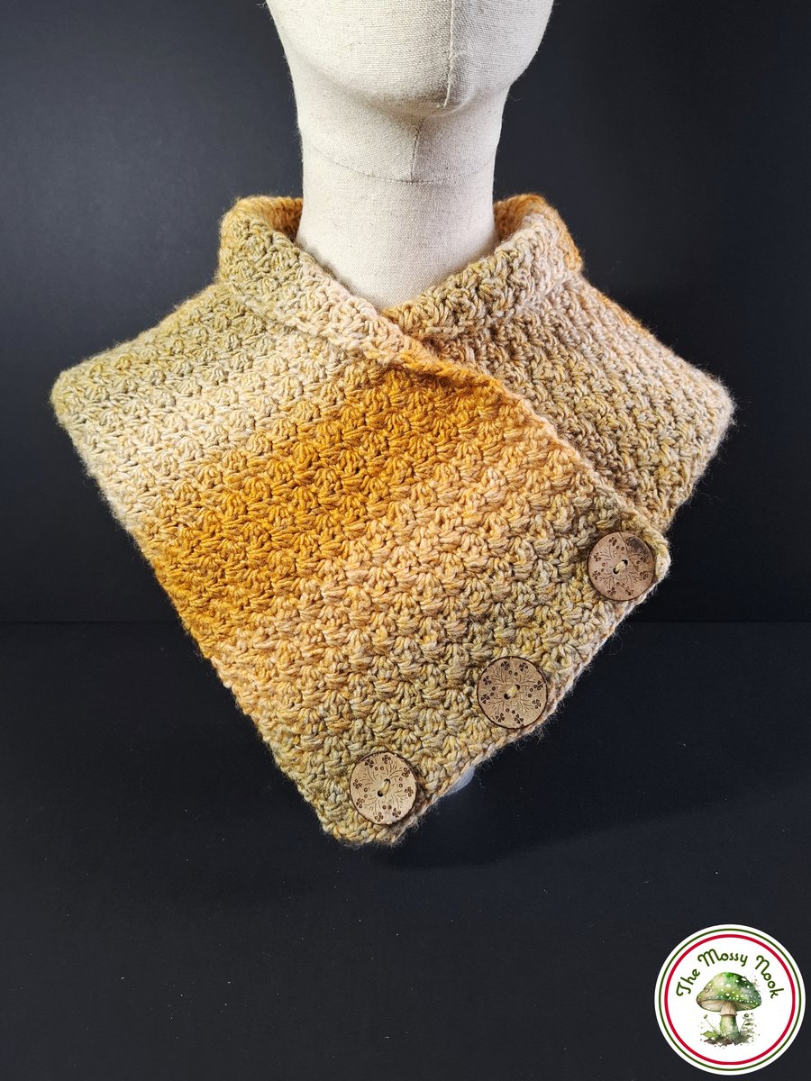 Button Up Neck Warmer. Handmade Crochet. Khaki, Mustard, Beige and Cream Striped