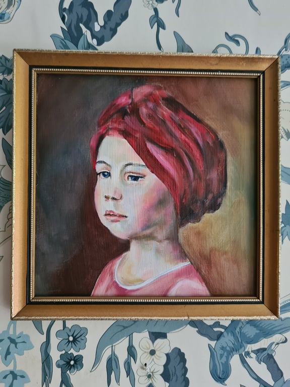 Small original portrait oil painting of a young girl with red turban