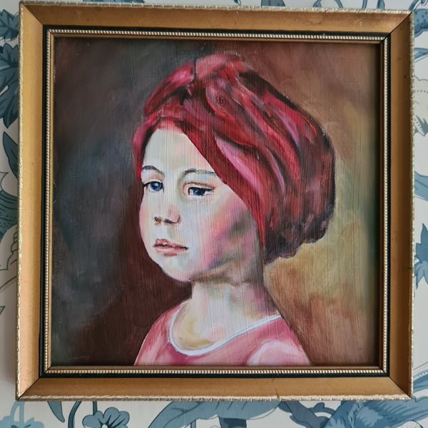Small original portrait oil painting of a young girl with red turban