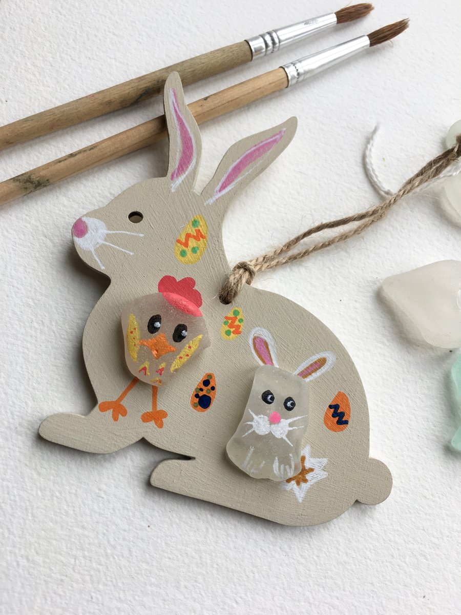 Wooden Easter Bunny, hand painted sea glass decoration 