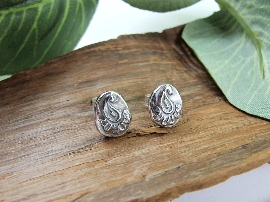 Sterling Silver Peacock Earrings, Recycled Silver Oval Studs