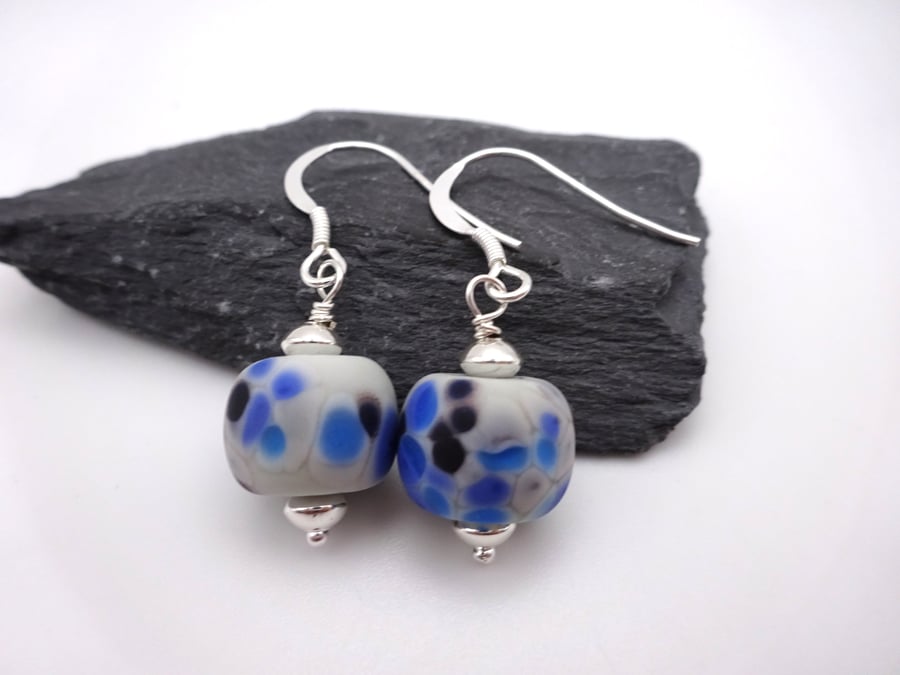 grey and blue speckled lampwork glass earrings