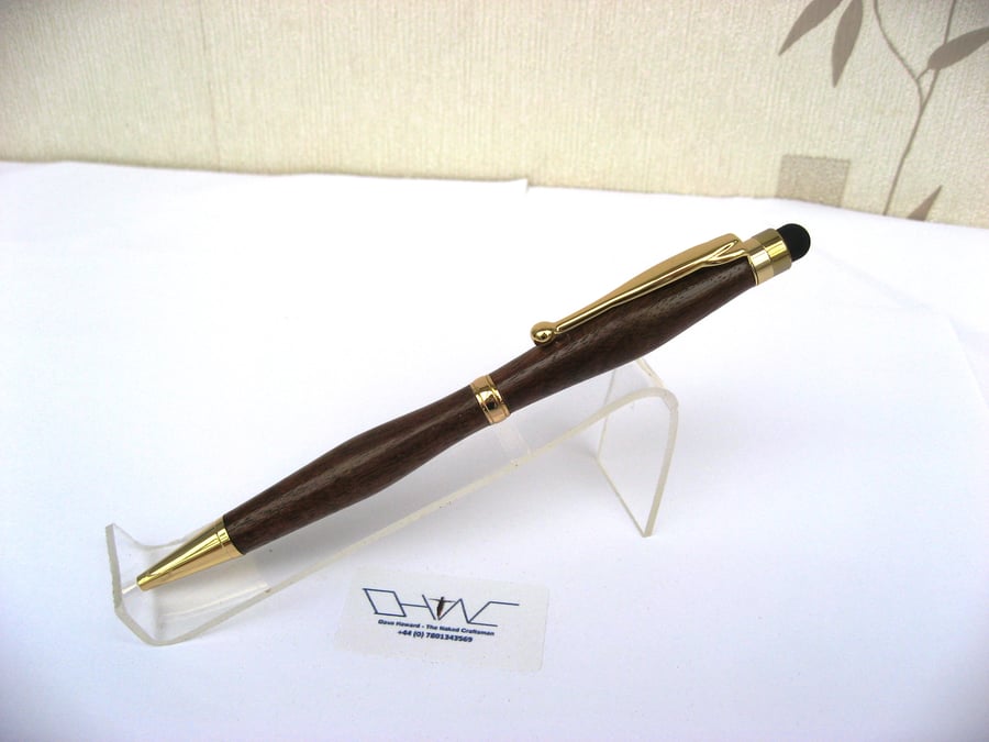 Walnut Wood Slimline Ball Point Stylus Pen with Velvet Pouch
