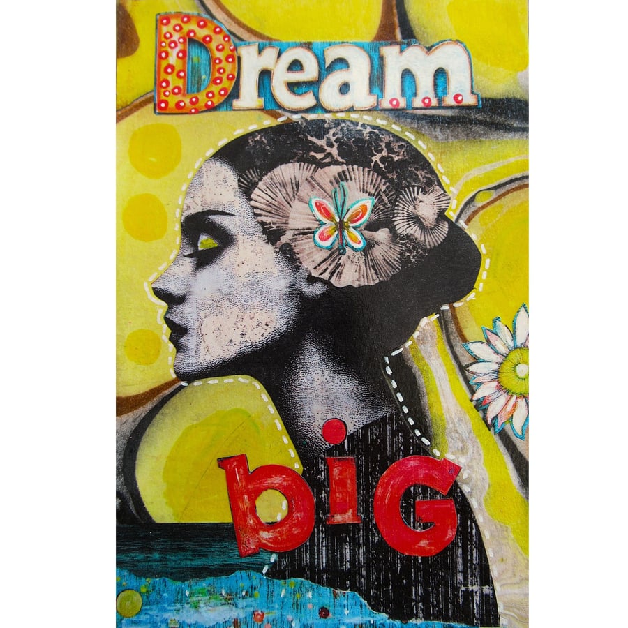 Feminist Pop Art Painting Dreamy Vintage Style Inspirational Portrait DREAM BIG 