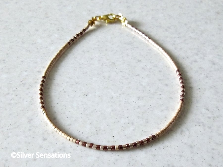 Slim Golden & Glossy Bronze Seed Bead Layering Friendship Bracelet - 6.5" - 8.5"