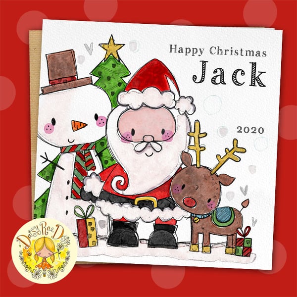 Christmas Friends personalised white square 6" linen card