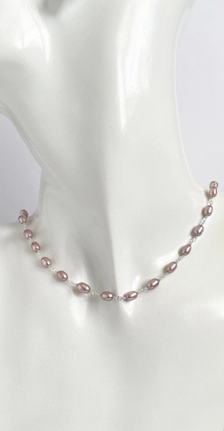 Sterling Silver Rosary Linked Pink Lavender Freshwater Cultured Pearl Necklace 