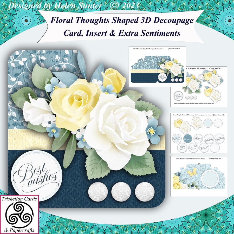 Printable Floral Thoughts Shaped 3D Decoupage Card Making Kit with Insert & Extr