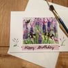 Original handpainted birthday card of bumblebees on purple lavender 