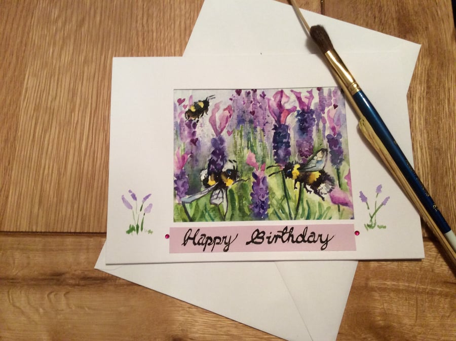 Original handpainted birthday card of bumblebees on purple lavender 