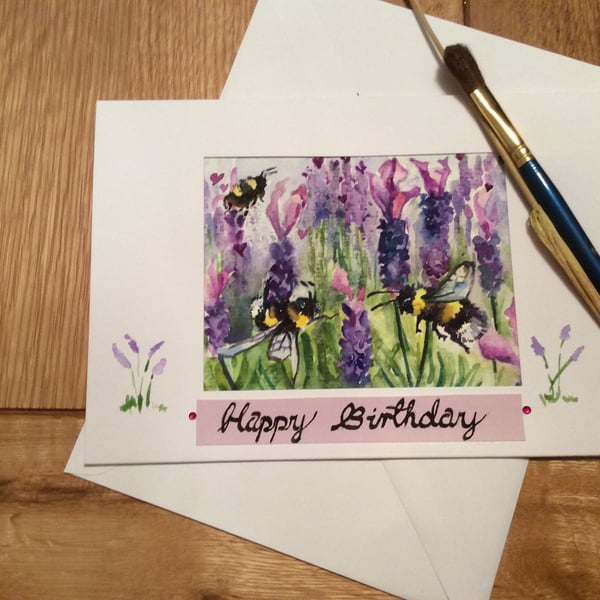 Original handpainted birthday card of bumblebees on purple lavender 