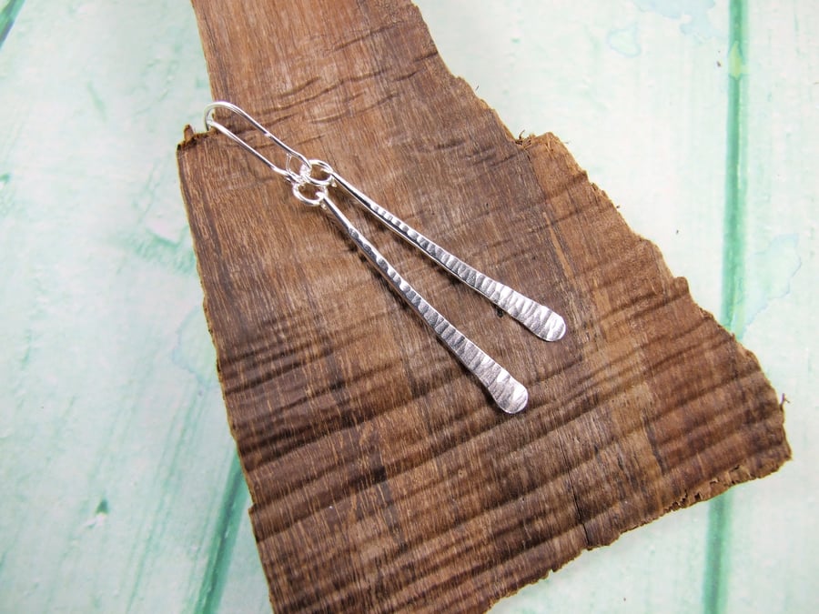 Earrings, Eco Silver Line Texture Hammered Dropper Earrings