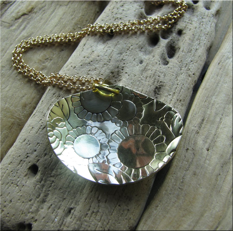 Patterned 'flower' large brass pendant