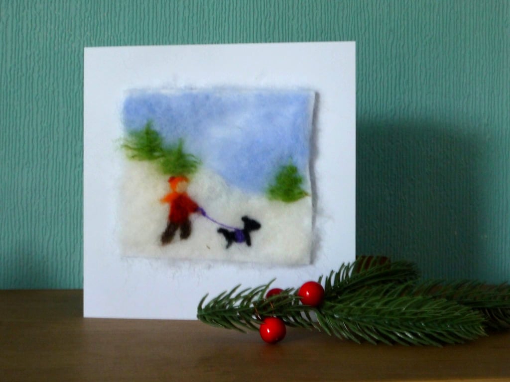 Needle felted A Winters Walk christmas greeetings card