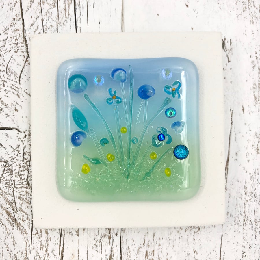Glass Flower Meadow Picture with Pretty Blue & Turquoise Flowers
