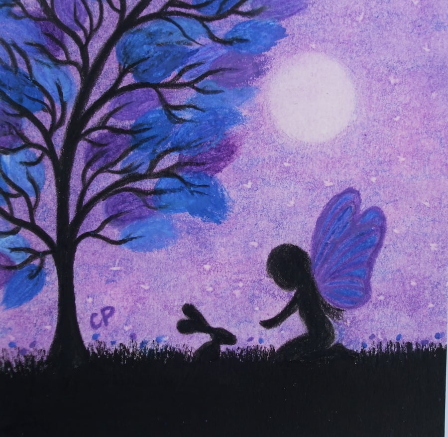 Fairy Card, Daughter Birthday Card, Purple Fairy child Rabbit Moon, Art Card