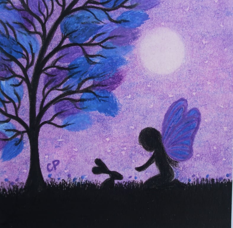 Fairy Card, Daughter Art Card, Purple Tree Fairy Rabbit Moon, Blank Card