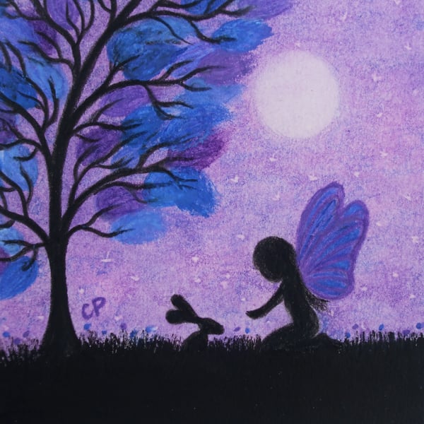 Fairy Card, Daughter Art Card, Purple Tree Fairy Rabbit Moon, Blank Card