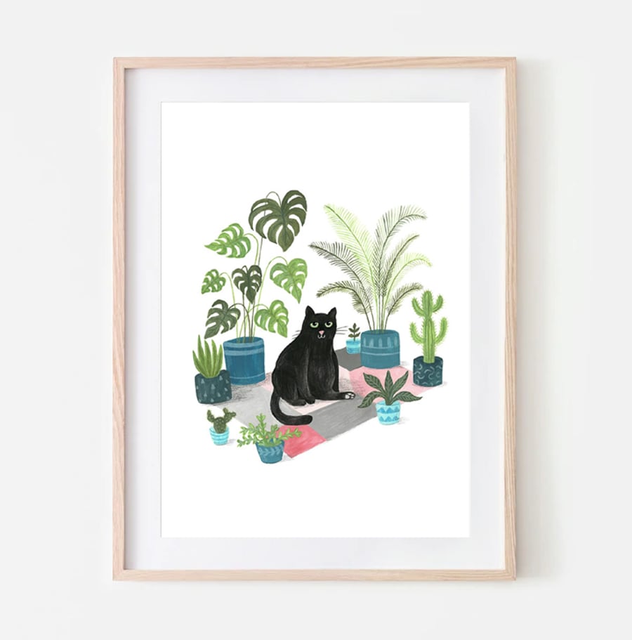 Black Cat Print - Black cat illustration - Plant Cat - A4 art print