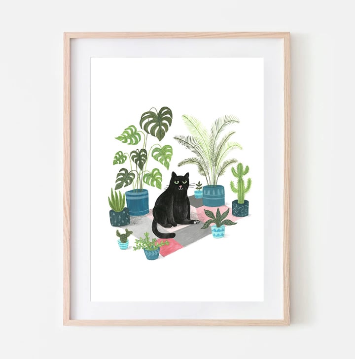 Black Cat Print - Black cat illustration - Plant Cat - A4 art print