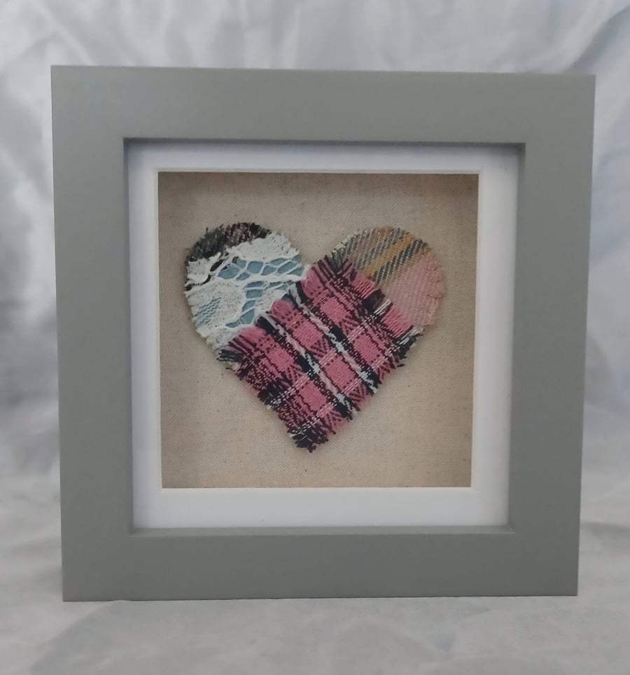 Pink Textile Hand Sewn Heart in a Grey Box Frame