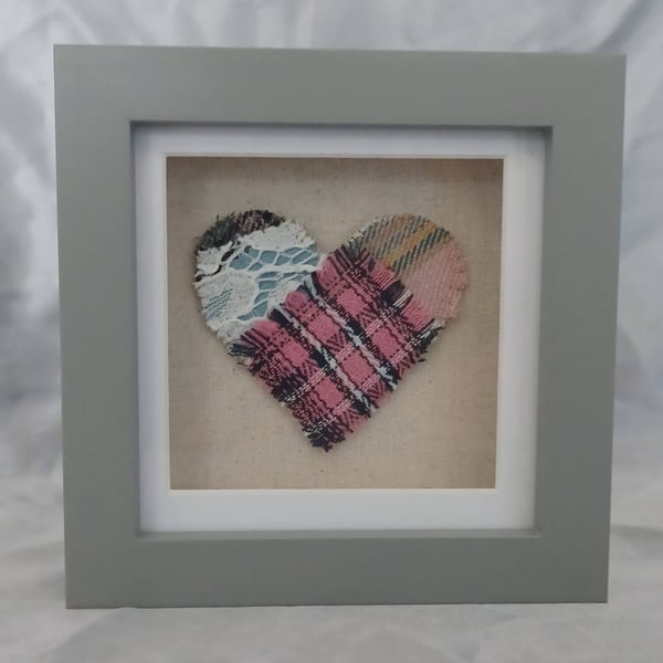 Pink Textile Hand Sewn Heart in a Grey Box Frame