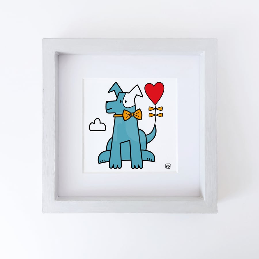Tail Wags And Love Hearts, dog with heart balloon illustration, Giclee print