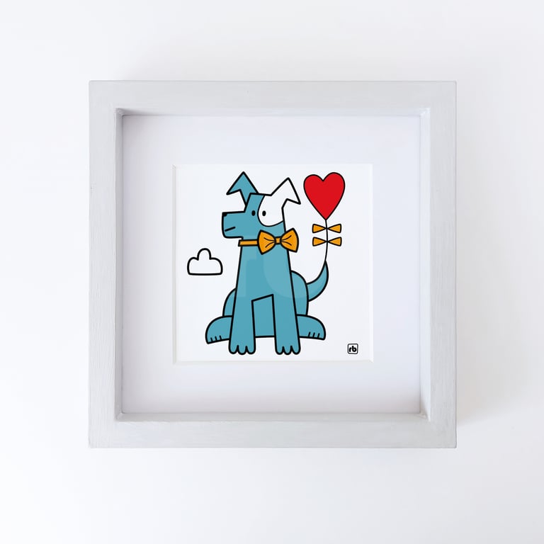 Tail Wags And Love Hearts, dog with heart balloon illustration, Giclee print