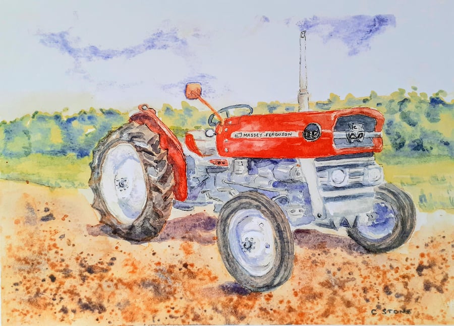Art print MF135 vintage red tractor from original watercolour 295 mm x 210 mm