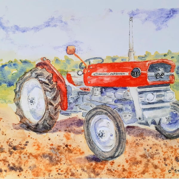 Art print MF135 vintage red tractor from original watercolour 295 mm x 210 mm