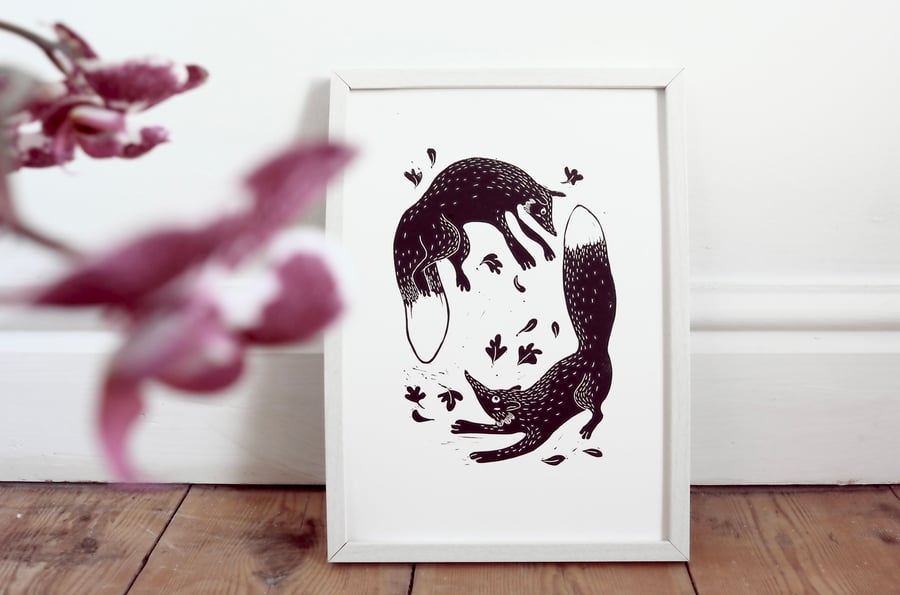 The Autumn Leaves - Original Linocut Print - Handmade art of foxes 