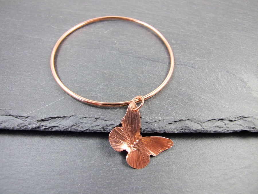 Copper Bangle, with Hammered Butterfly Charm