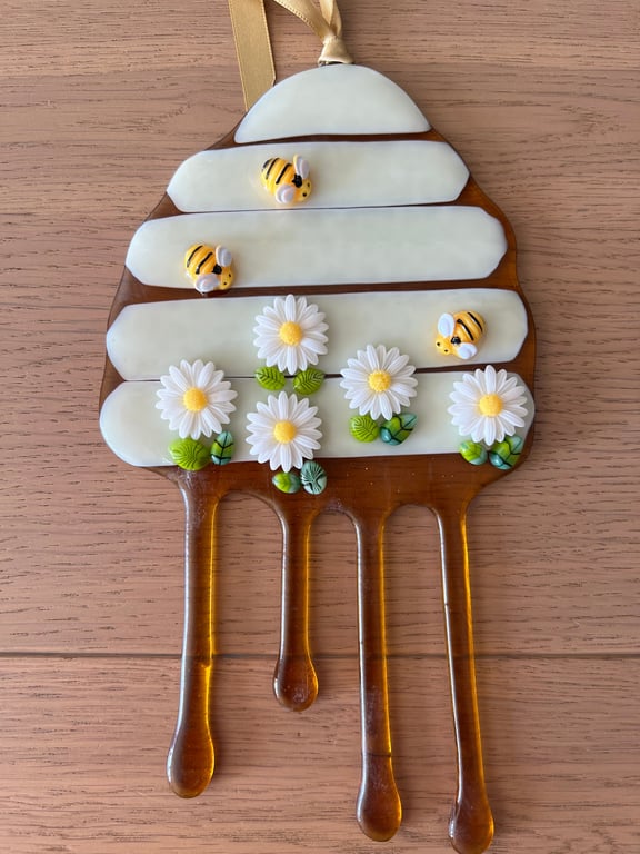 Fused glass bee hive dripping honey- suncatcher bees-bee hive lover-bees-flowers
