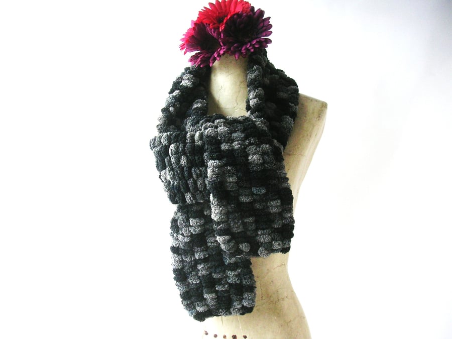 Black, grey, 'bobbles' effect narrow knitted Scarf, neck warmer