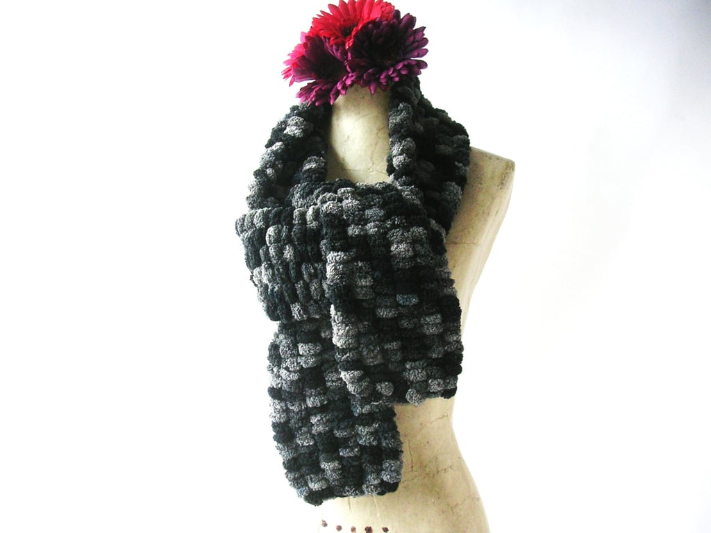 Black, grey, 'bobbles' effect narrow knitted Scarf, neck warmer