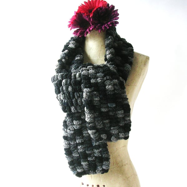 Black, grey, 'bobbles' effect narrow knitted Scarf, neck warmer