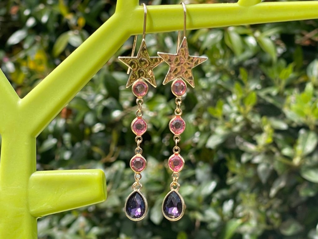 Star chain earrings crystal hot pink purple gold tone