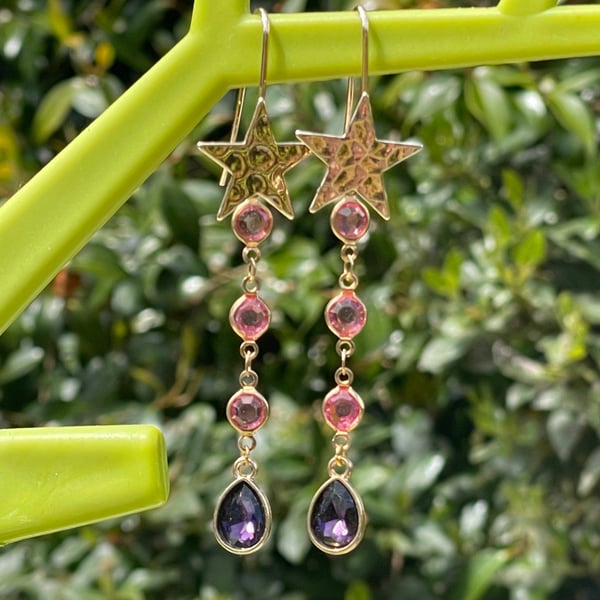Star chain earrings crystal hot pink purple gold tone
