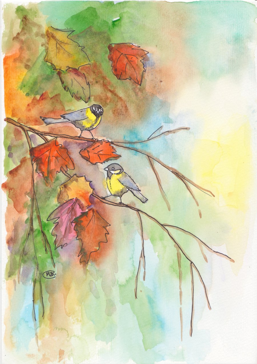 Original Birds in an Autumn Tree painting 