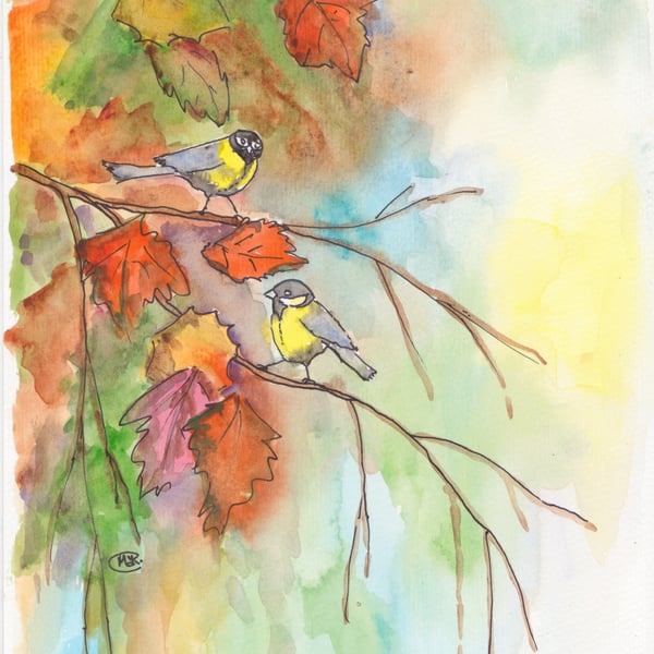 Original Birds in an Autumn Tree painting 