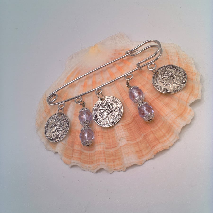 Kilt Pin Brooch with Lilac Crystals and Silver Plated Coin Charms, Gift for Her
