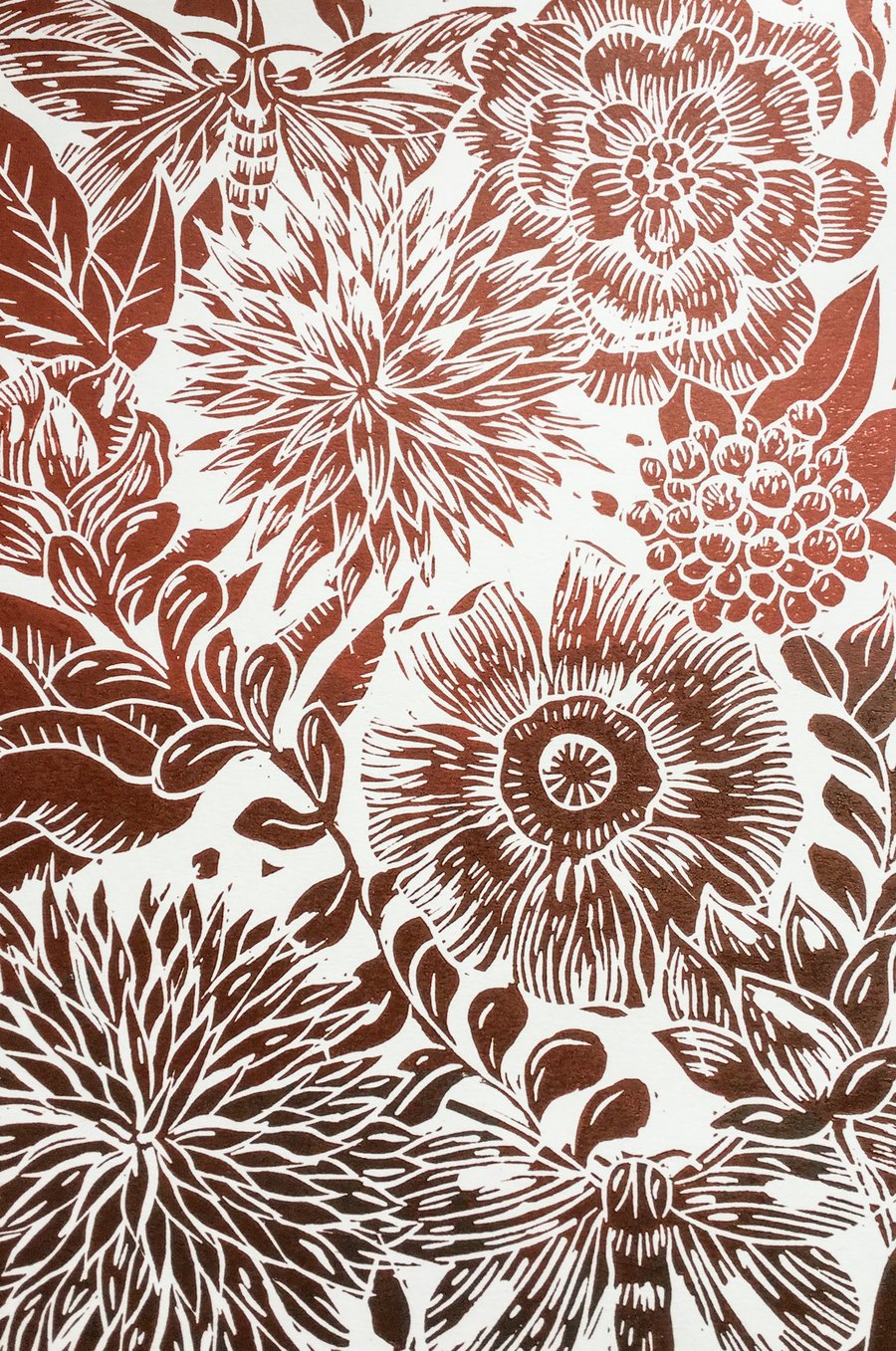 Botanical moth Original Lino print Red